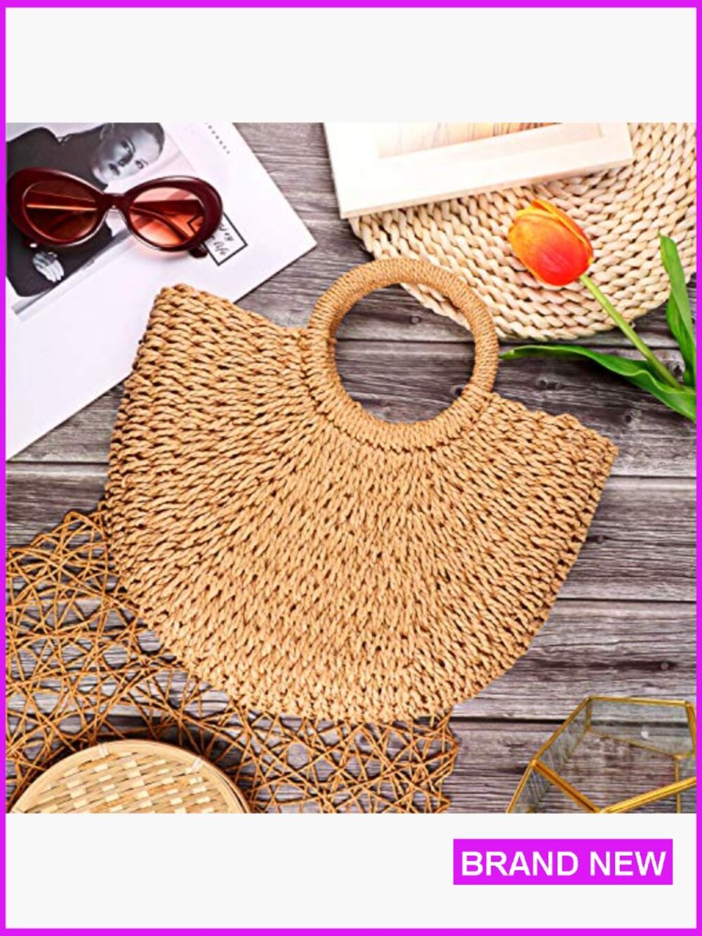 Straw Tote Bag Woven Handbag Beach Summer Travel Handmade Rattan Bag - Picture 6 of 7